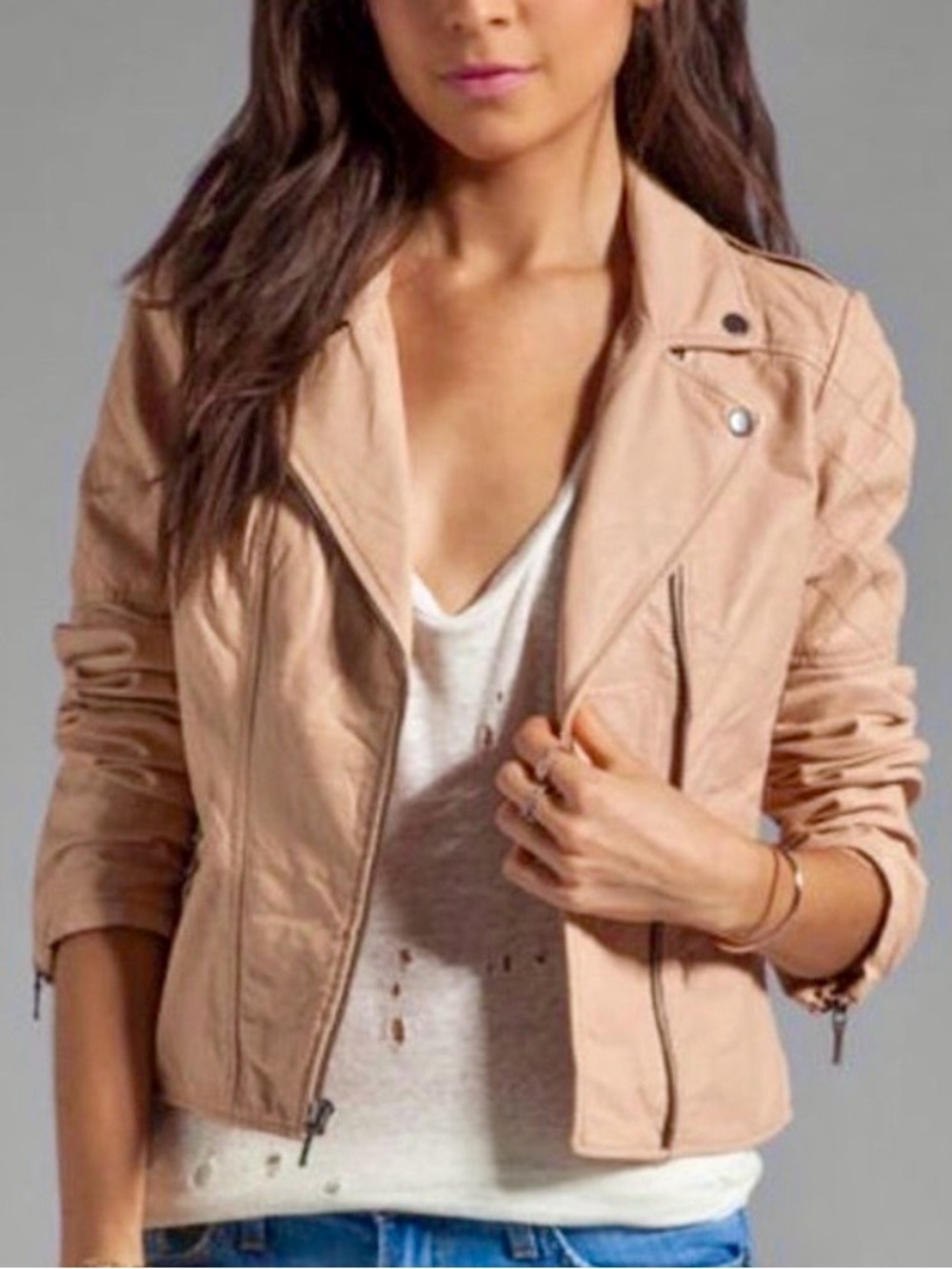 Sanctuary 100% Leather Moto Jacket Quilted Biker Nude Tan Camel 2 XS